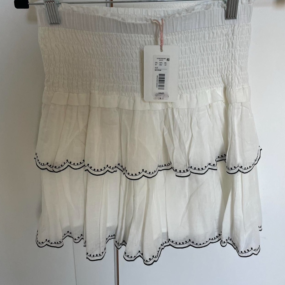 Gianni Bini White Tiered Smocked Mini Skirt with Black Scallop Trim